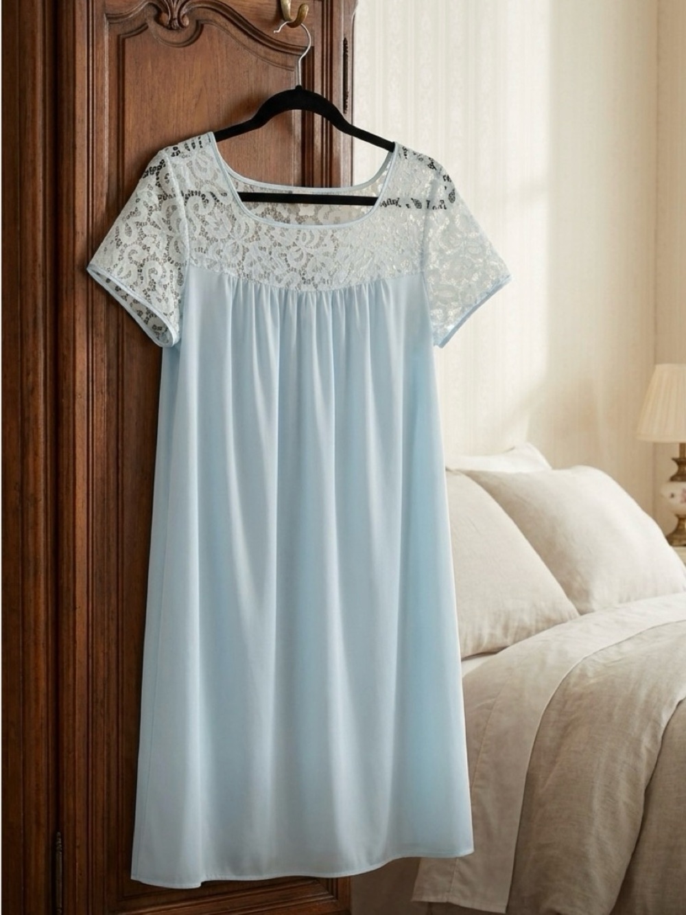 Vintage Vanity Fair Light Blue Lace Yoke Nightgown